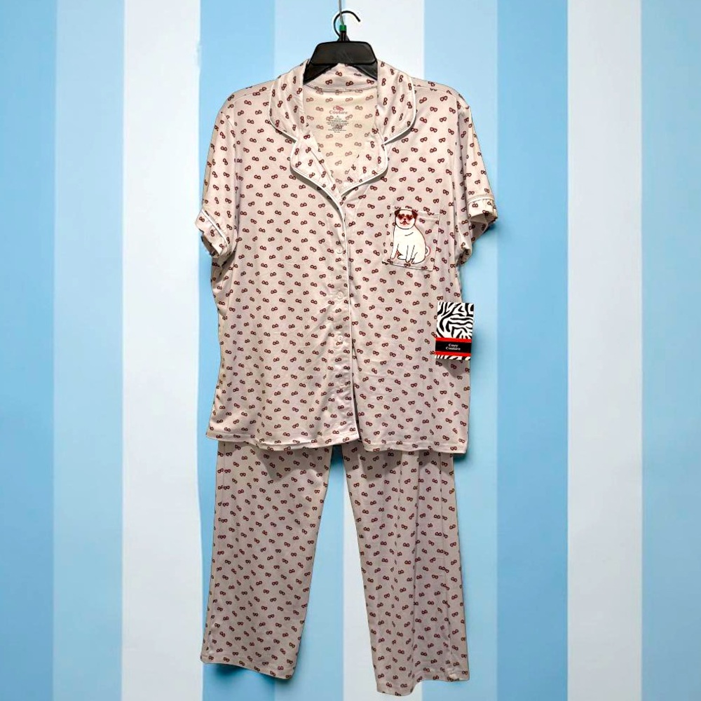 Cozy Couture NWT Size XL Light Gray & Red Glasses & Dog Print Pajama Set (0673)